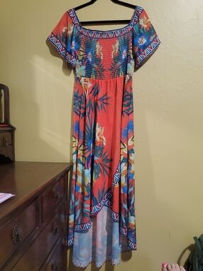 Jealous Tomato Coral Floral High-Low Maxi Dress